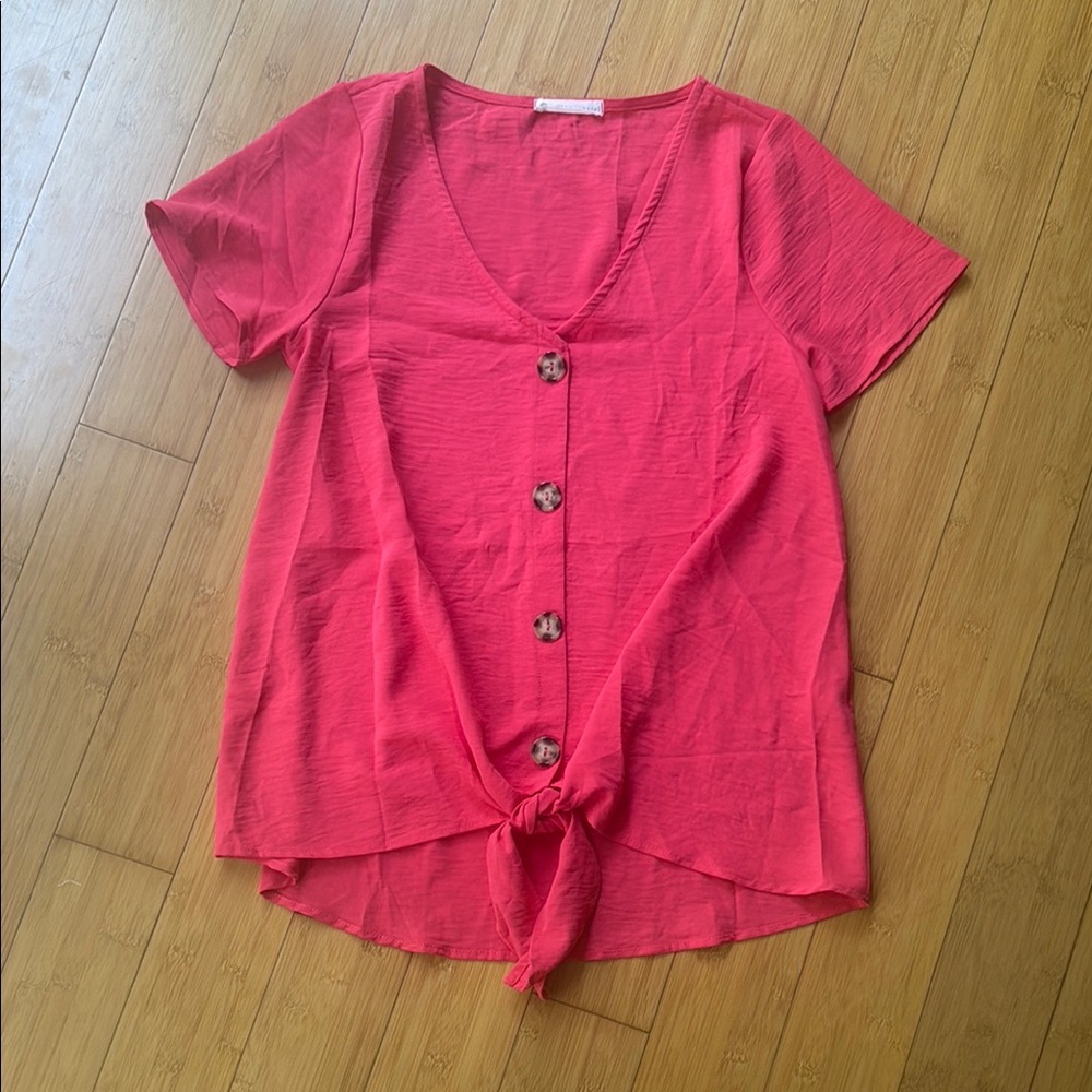 Maternity Women's Pink Button-Front Tie Top - Small